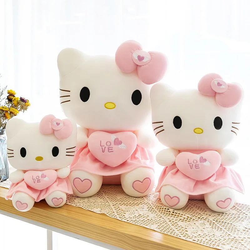 Beautiful Sanrio Hello Kitty Pink Plushies With Love Hearts. In Sizes 25cm, 30cm, 40cm & 55cm.