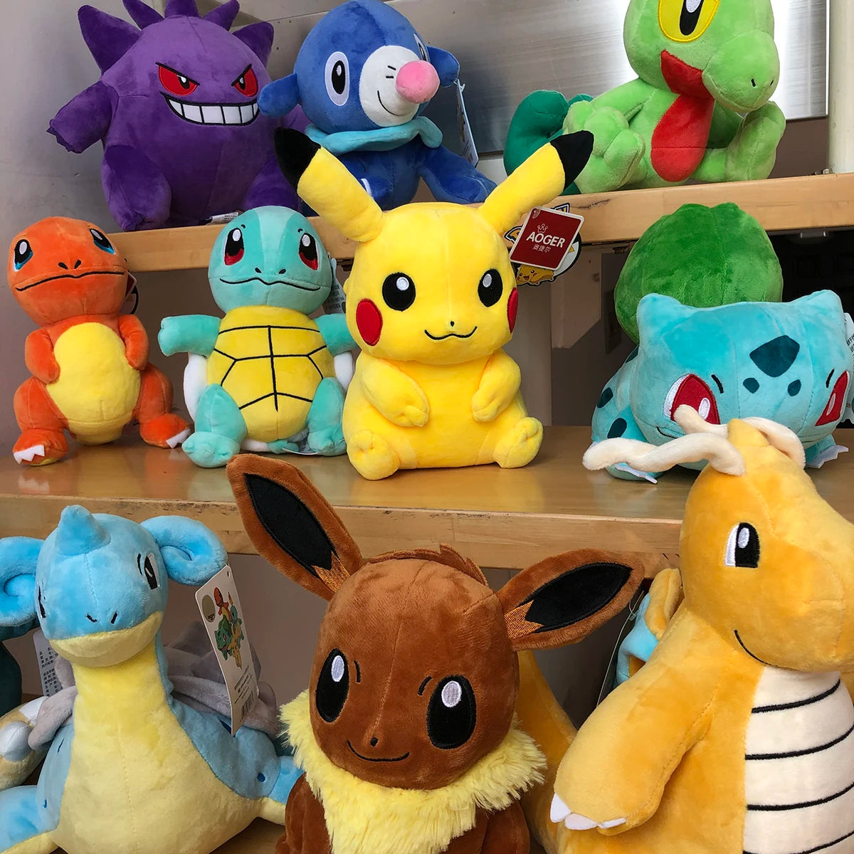 Your Favourite Collection of Pokemon Plushies. Pikachu, Charmander, Squirtle, Bulbasaur and many more! Choose Your Size!